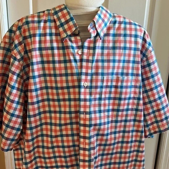 L.L.BEAN men LT,shirt,checkered,plaid,red blue,white,100% cotton, short sleeve - Picture 7 of 7